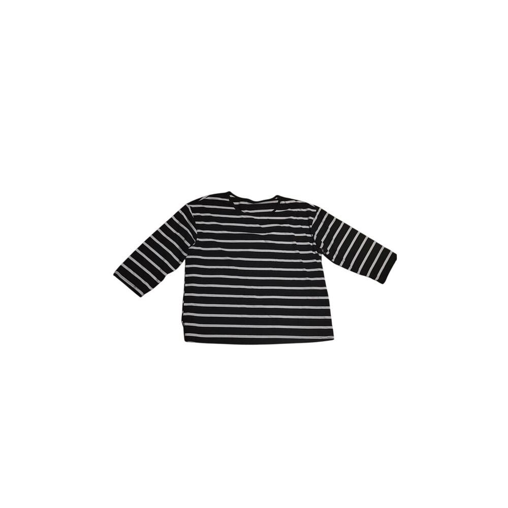 Black White Striped Cotton 3/4 Sleeve Round Neck Pullover Top XL